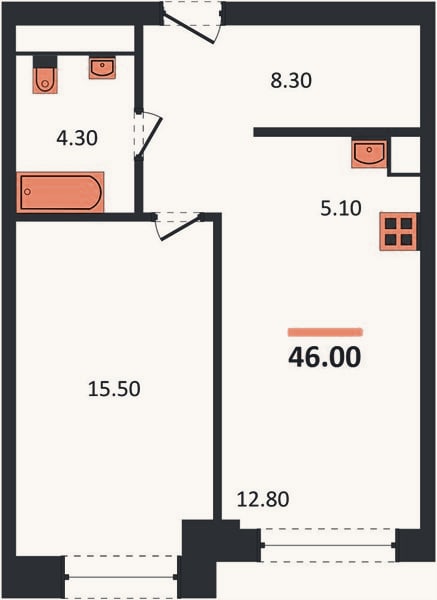 Планировка: 1-к, 46 м²