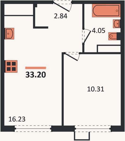 Планировка: 1-к, 33,2 м²