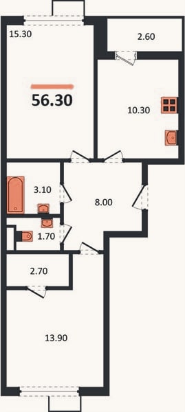 Планировка: 2-к, 56,3 м²