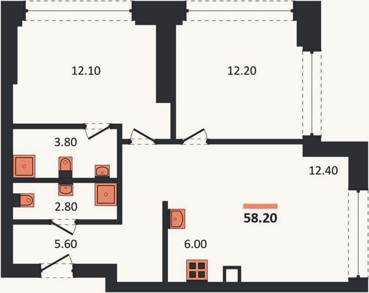 Планировка: 2-к, 58,2 м²