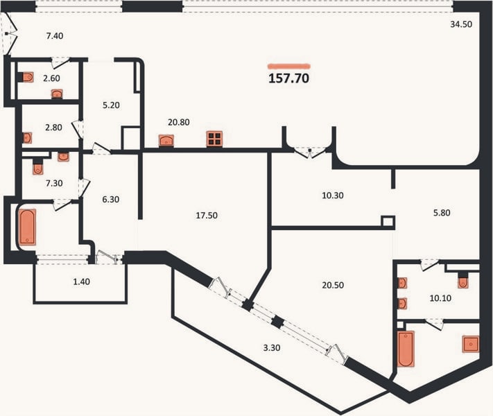 Планировка: 2-к, 157,7 м²