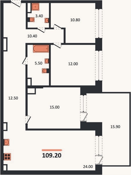Планировка: 3-к, 109,2 м²