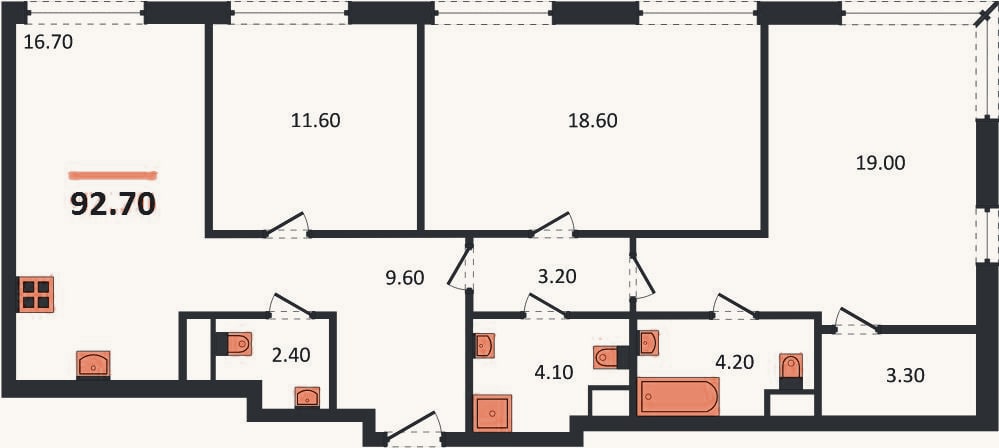 Планировка: 3-к, 92,7 м²