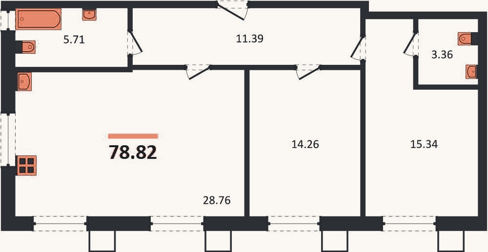 Планировка: 2-к, 78,8 м²