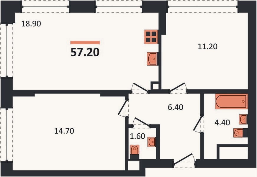 Планировка: 2-к, 57,2 м²