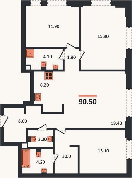 Планировка: 3-к, 90,5 м²