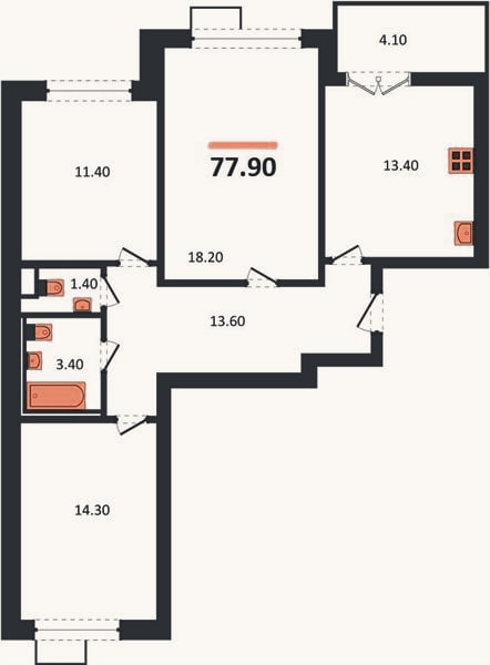 Планировка: 3-к, 77,9 м²