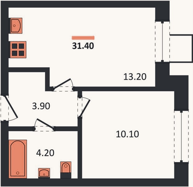 Планировка: 1-к, 31,4 м²
