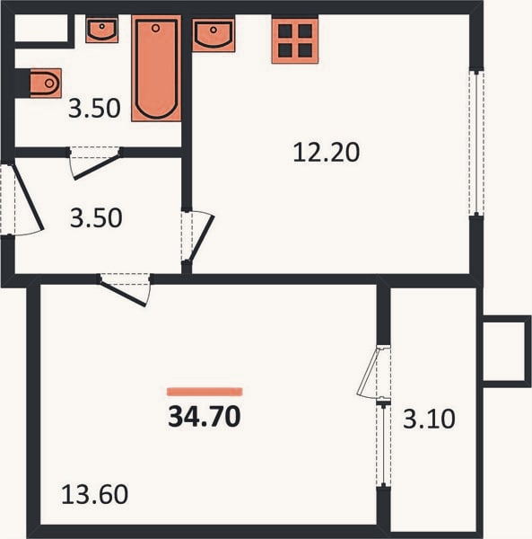Планировка: 1-к, 34,7 м²