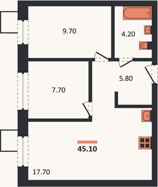 Планировка: 2-к, 45,1 м²
