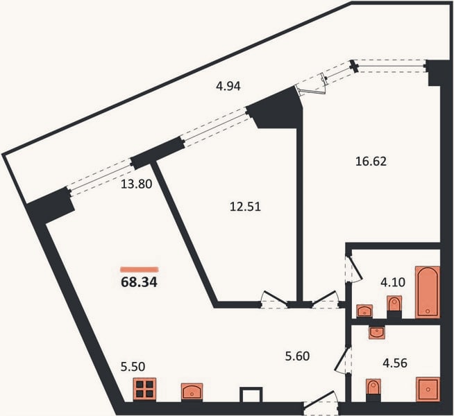 Планировка: 2-к, 68,3 м²
