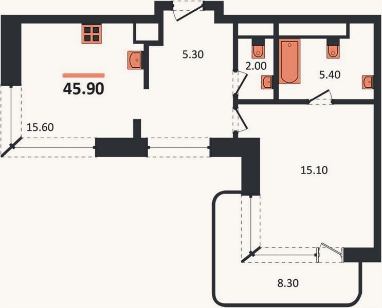 Планировка: 1-к, 45,9 м²