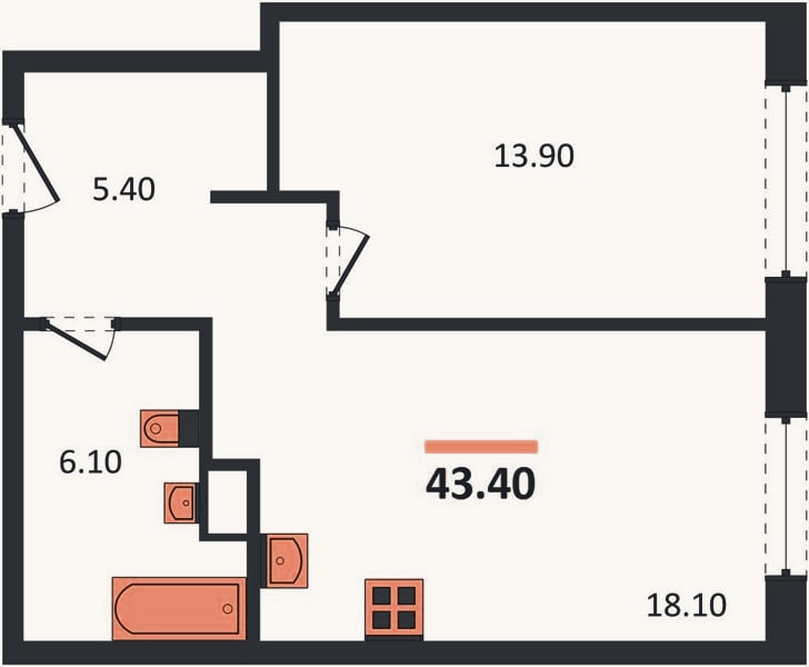 Планировка: 1-к, 42,3 м²