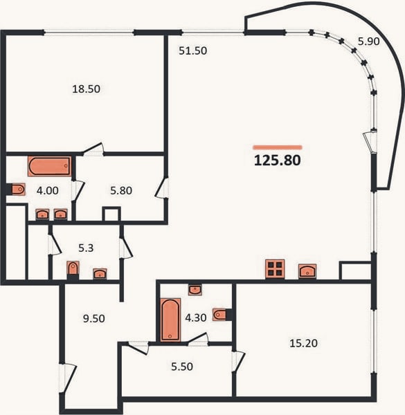 Планировка: 2-к, 125,8 м²