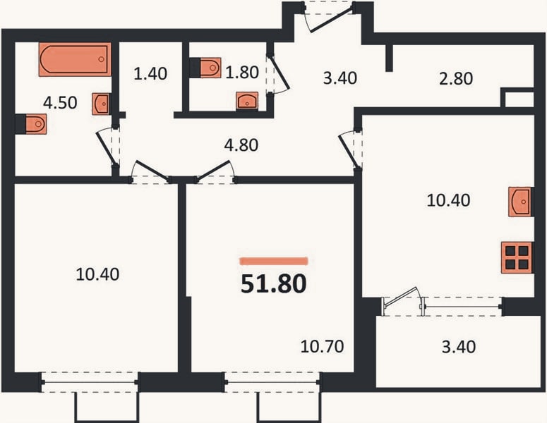 Планировка: 2-к, 51,8 м²