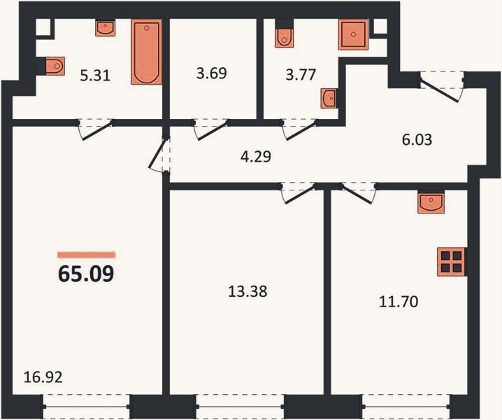 Планировка: 2-к, 65,1 м²
