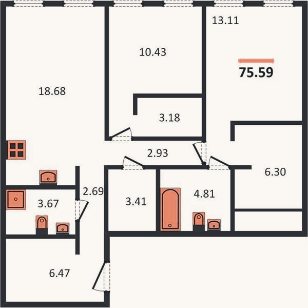 Планировка: 2-к, 75,6 м²