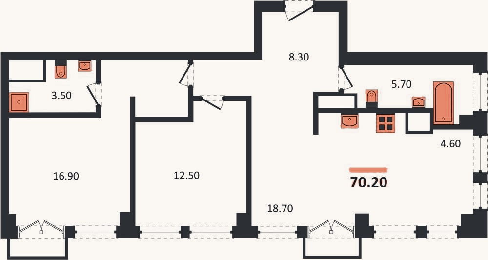 Планировка: 2-к, 70,2 м²