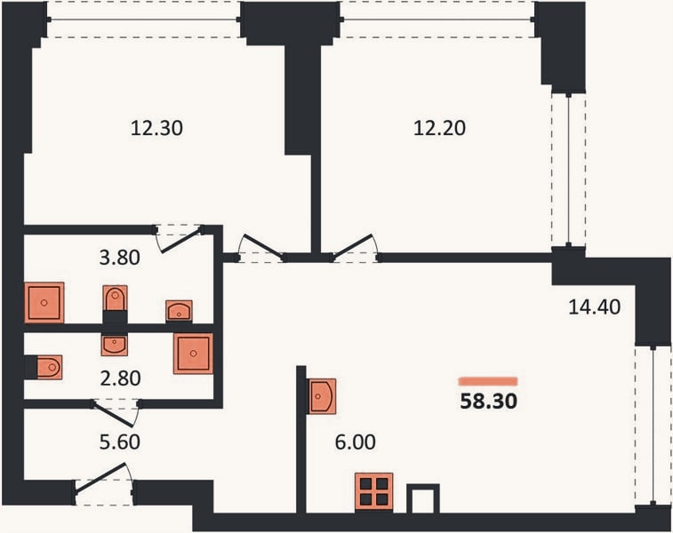 Планировка: 2-к, 58,3 м²