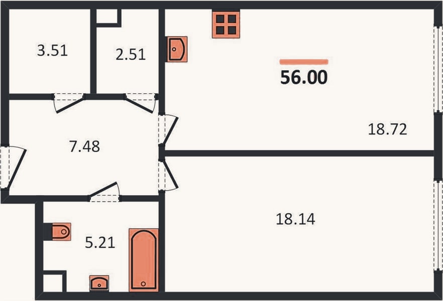 Планировка: 1-к, 56 м²