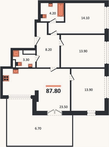 Планировка: 3-к, 87,8 м²