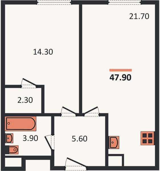 Планировка: 1-к, 47,9 м²