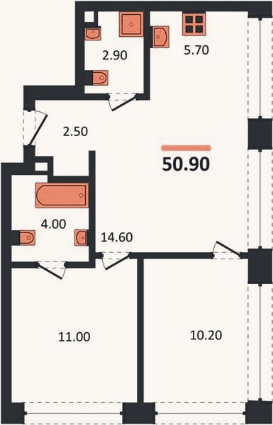 Планировка: 2-к, 50,9 м²