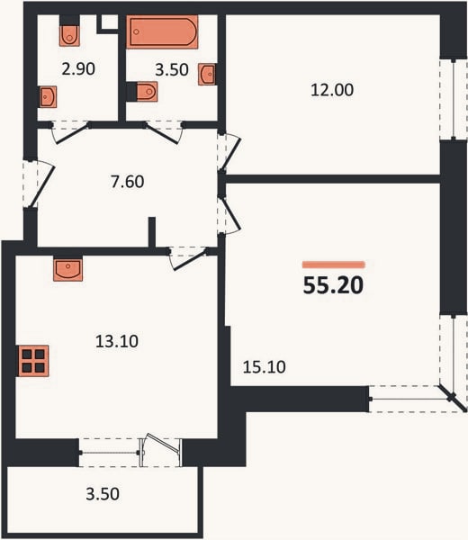 Планировка: 2-к, 55,7 м²