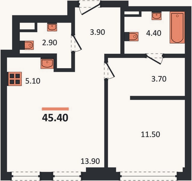 Планировка: 1-к, 45,4 м²