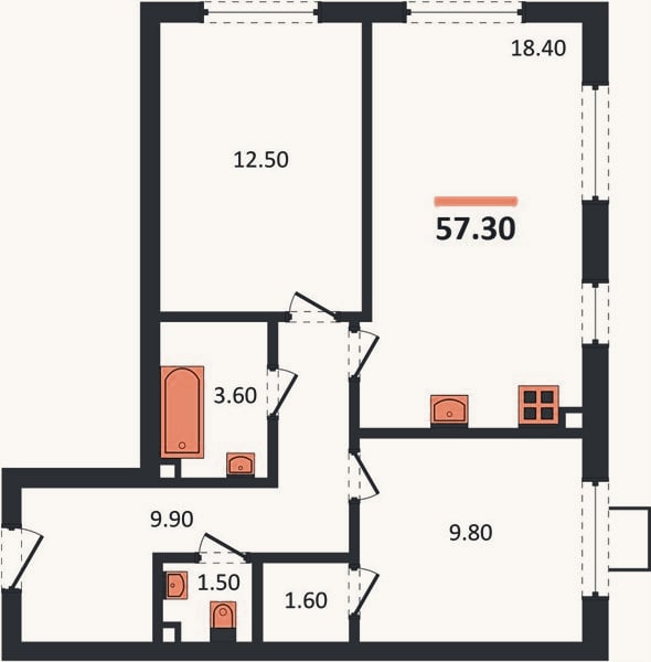 Планировка: 2-к, 57,3 м²