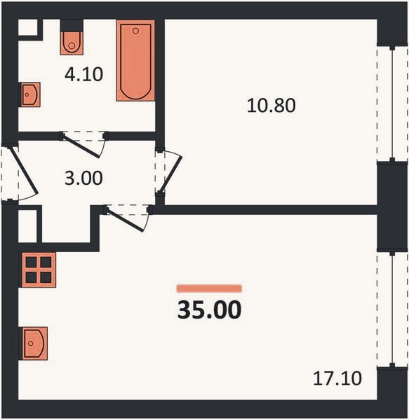 Планировка: 1-к, 35 м²