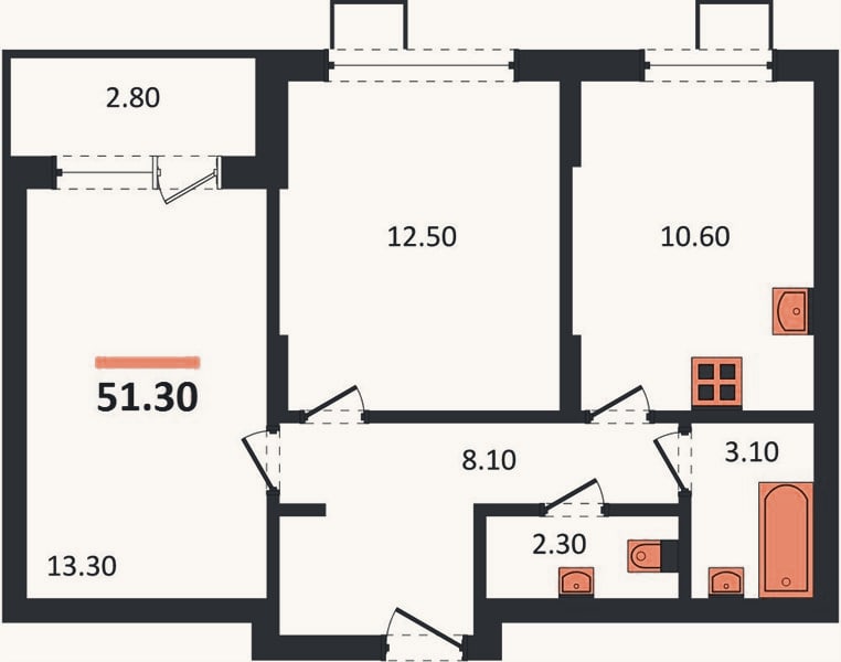 Планировка: 2-к, 51,3 м²