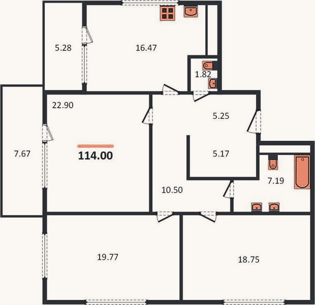Планировка: 3-к, 114 м²