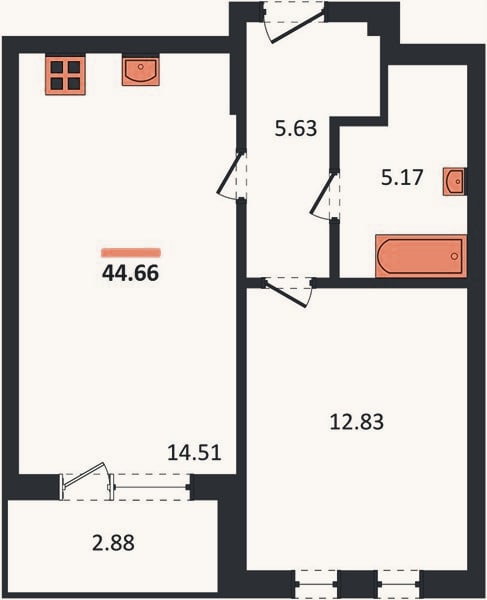 Планировка: 1-к, 44,7 м²