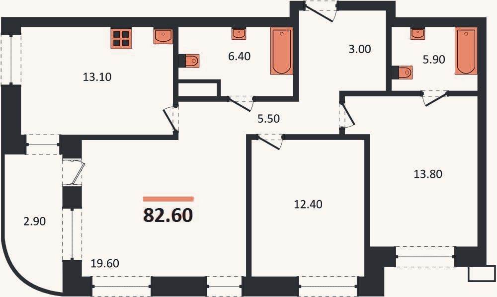 Планировка: 3-к, 82,6 м²