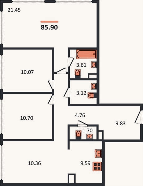 Планировка: 3-к, 85,9 м²