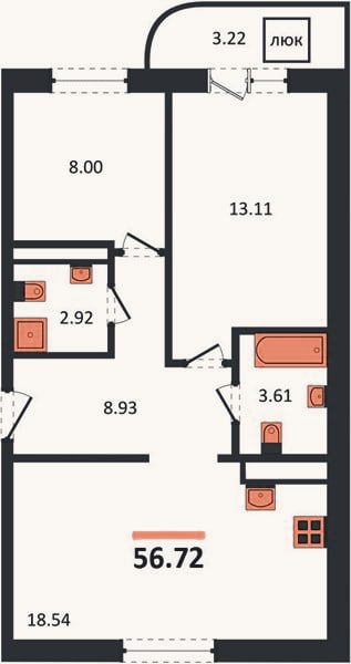 Планировка: 2-к, 56,7 м²