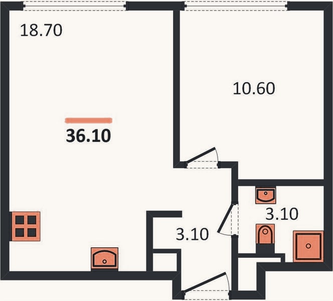 Планировка: 1-к, 36,1 м²