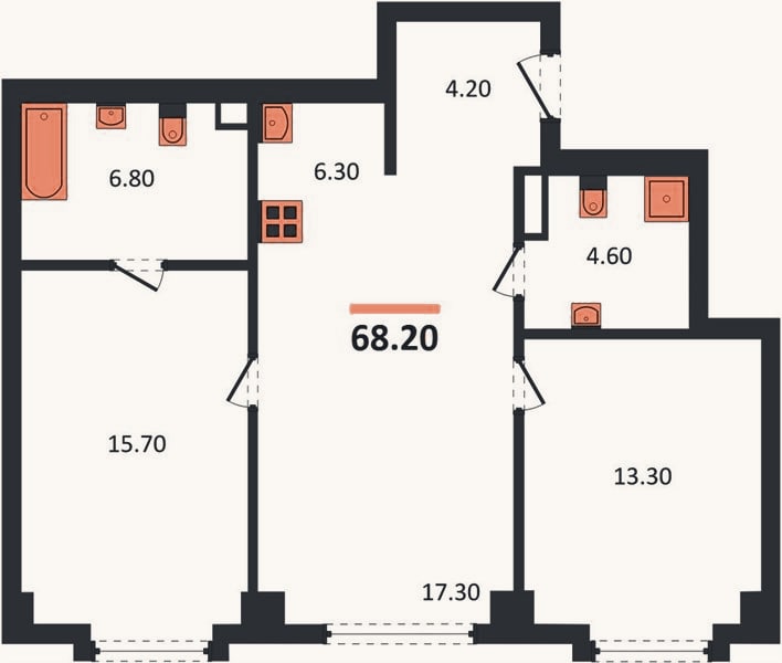 Планировка: 2-к, 68,2 м²