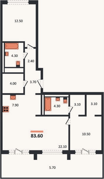 Планировка: 2-к, 83,6 м²