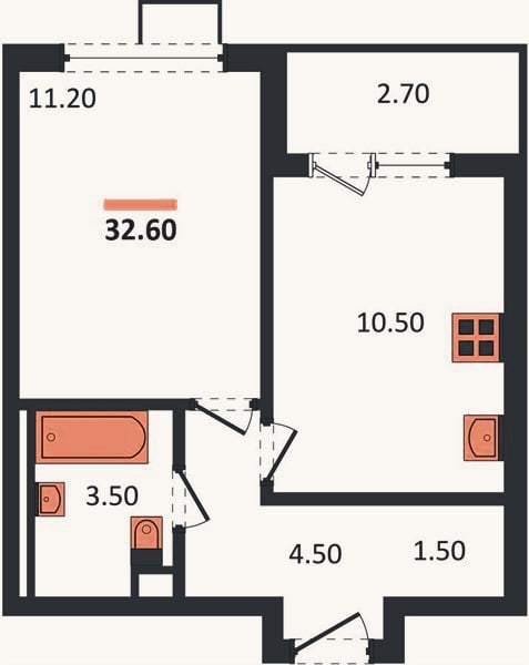 Планировка: 1-к, 32,6 м²
