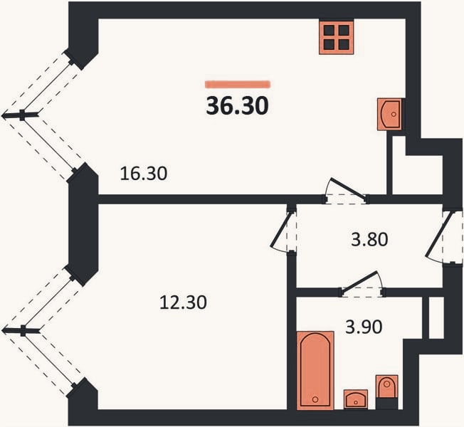 Планировка: 1-к, 36,3 м²