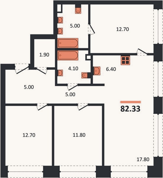 Планировка: 3-к, 79,6 м²