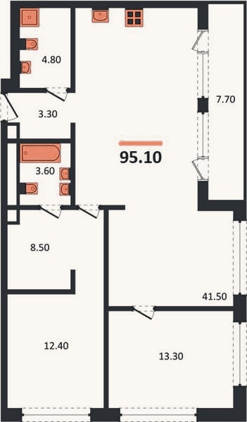 Планировка: 2-к, 95,1 м²