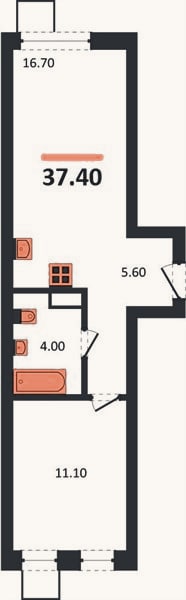 Планировка: 1-к, 37,4 м²