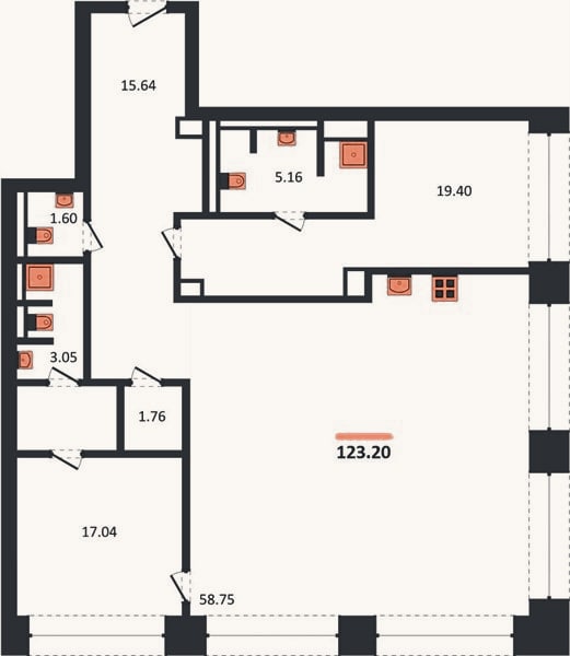Планировка: 2-к, 123,2 м²