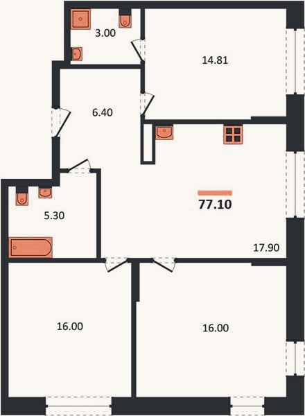 Планировка: 3-к, 77,1 м²