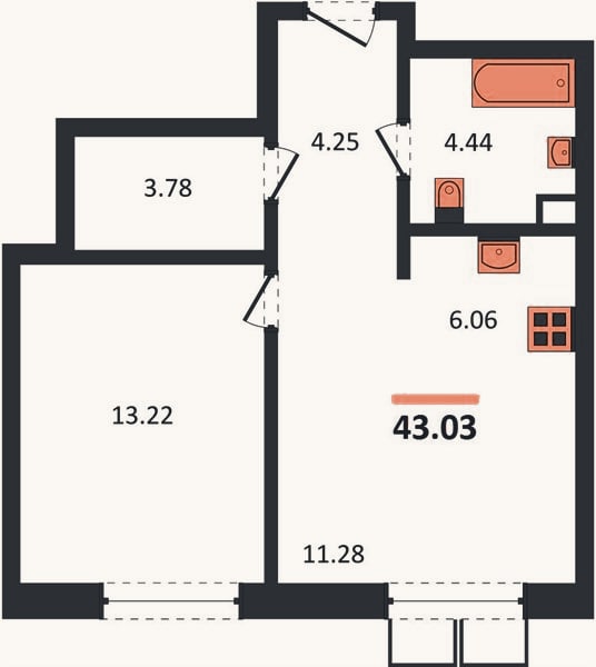 Планировка: 1-к, 43 м²