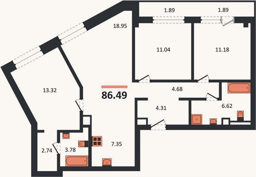 Планировка: 3-к, 86,5 м²