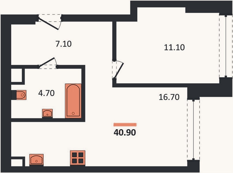 Планировка: 1-к, 40,9 м²